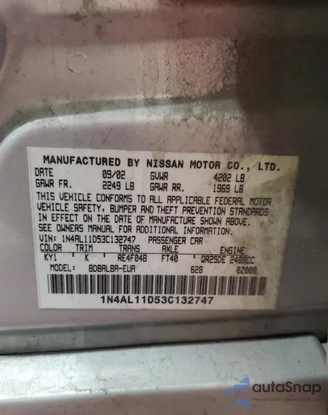 2003 Nissan Altima Base из США, поврежденный, VIN 1N4AL11D53C132747